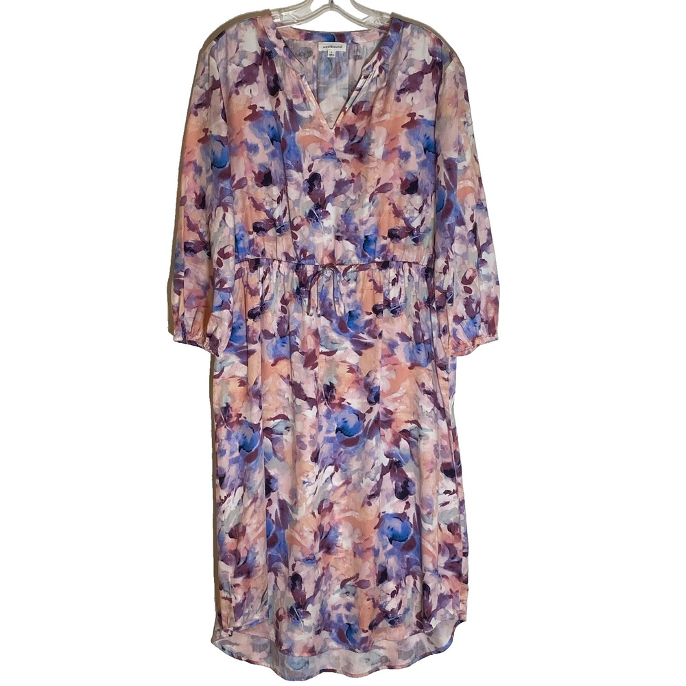 Westbound Dress Womens Large Pink Purple Floral Midi Boho V Neck Tie Waist Flowy